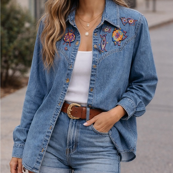 indigo moon Tops - Ladies Embroidered Denim Shirt - Blue